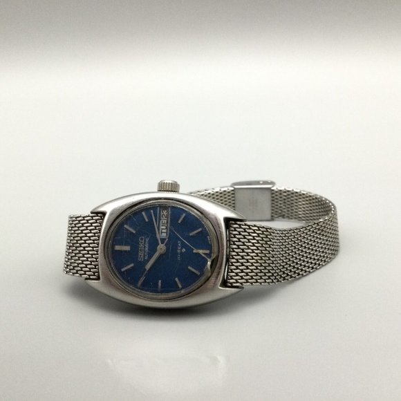 Vintage Seiko Automatic Watch Women Silver Tone Date Blue Oval Dial Mesh Band - Picture 3 of 12